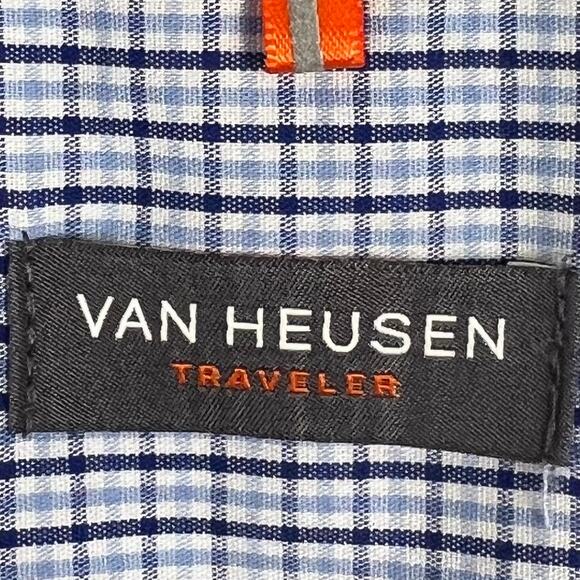 Van Heusen Traveler shirt men’s 2XLT button up long sleeve blue plaid check - Picture 6 of 8